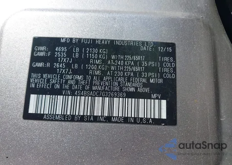 2016 Subaru Outback 2.5I Premium z USA, uszkodzony, nr VIN 4S4BSADC7G3269369